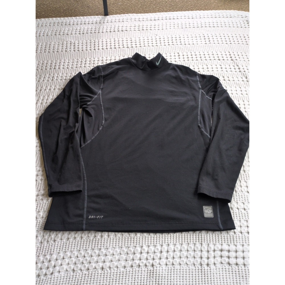 Nike Pro Combat Dri Fit Fitted Fleece Long Sleeve Shirt Mock Neck Sz Large Black
